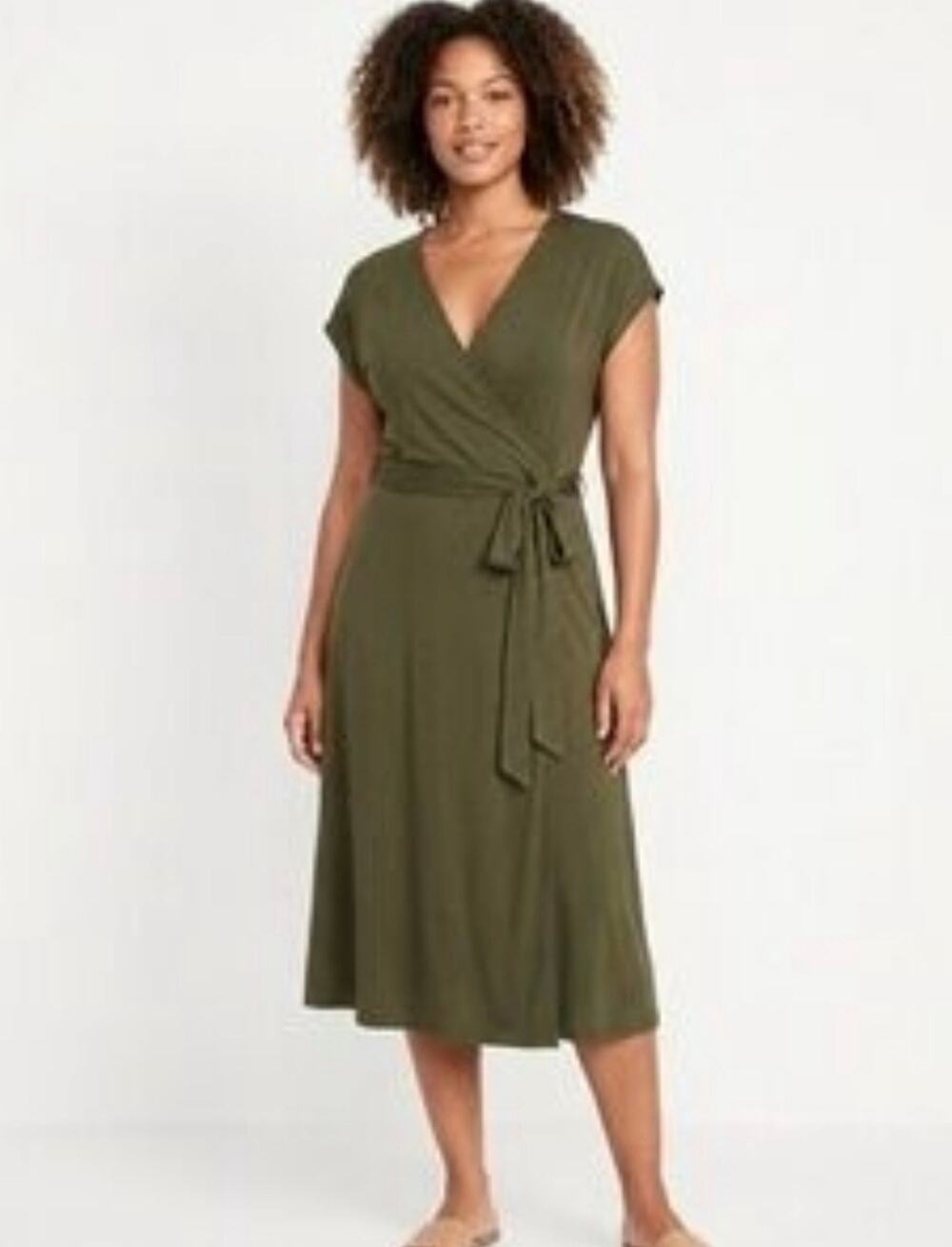 OLD NAVY Sz L Wrap Front Dress Olive Green Dolman Sleeve Tie Waist